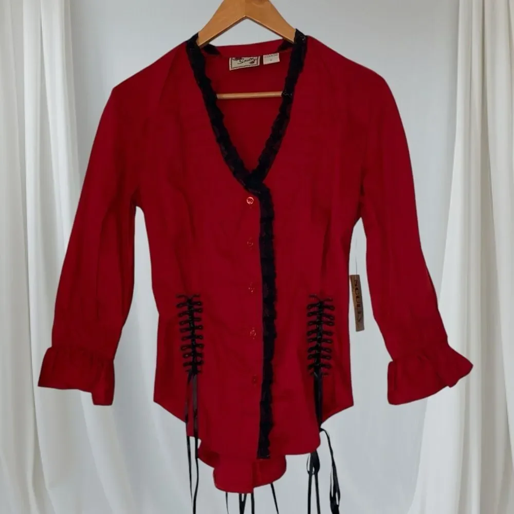 SCULLY Shirt Corset NWT Blouse Marion Ruffle Button Up Stretch Red Black Size M - Picture 11 of 14
